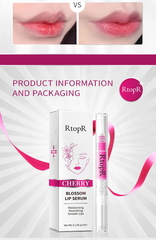 Lip serum packaging with 'RtopR' branding and cherry flavor indication, showing before and after effects on lips.