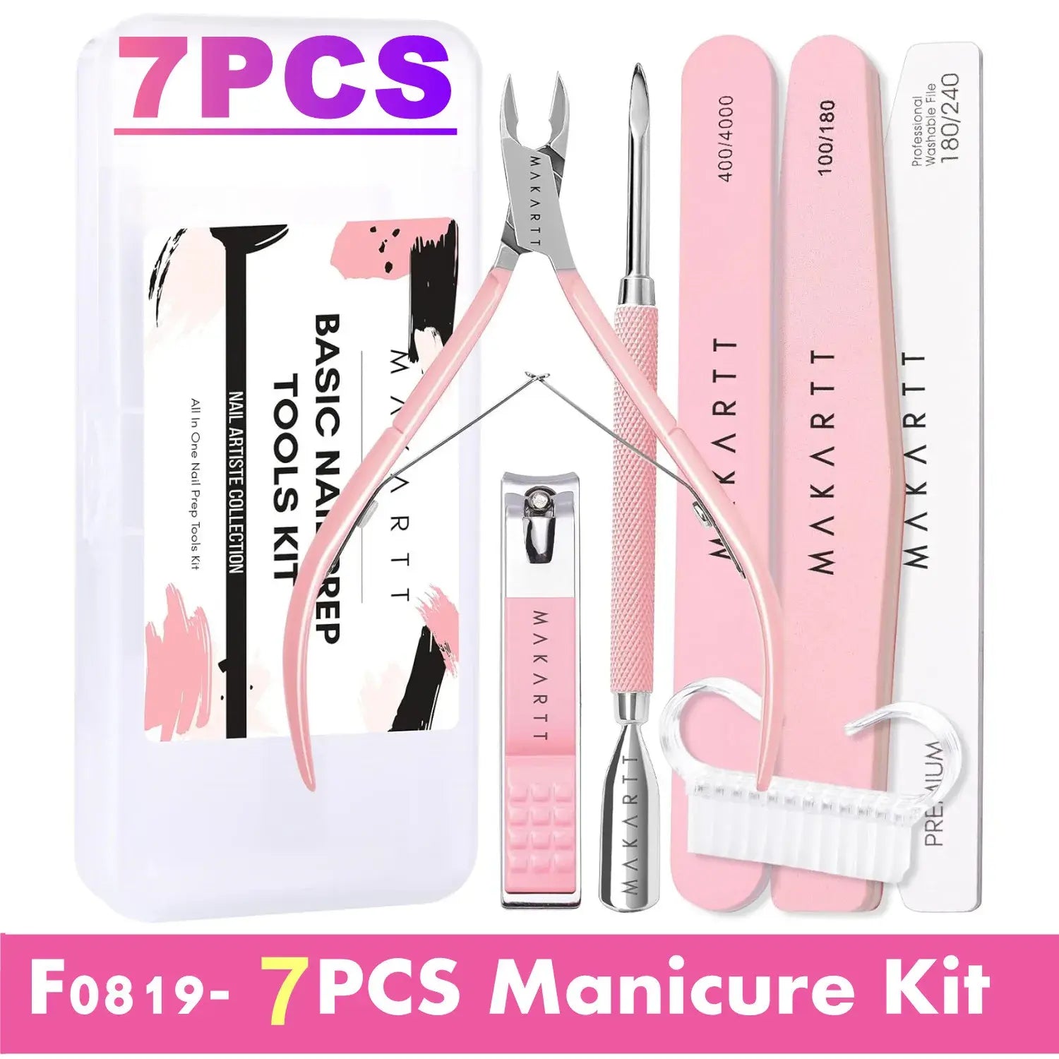 7-piece manicure kit with pink tools on a white background