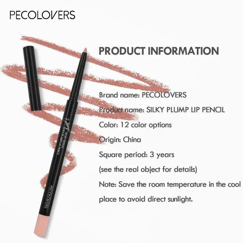 Silky plump lip pencil with product information on a white background