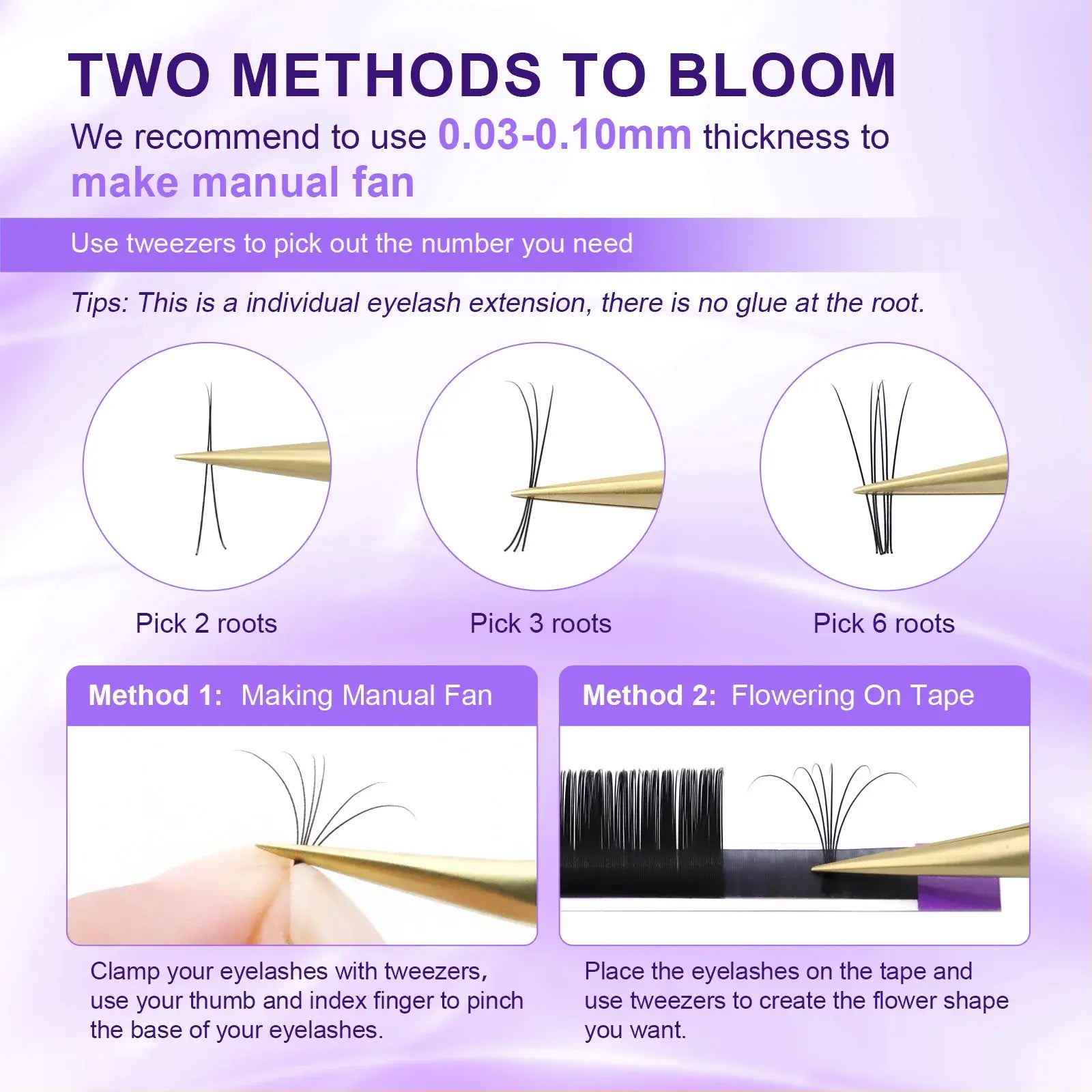 Instructions for using eyelash extensions with tweezers on a purple background