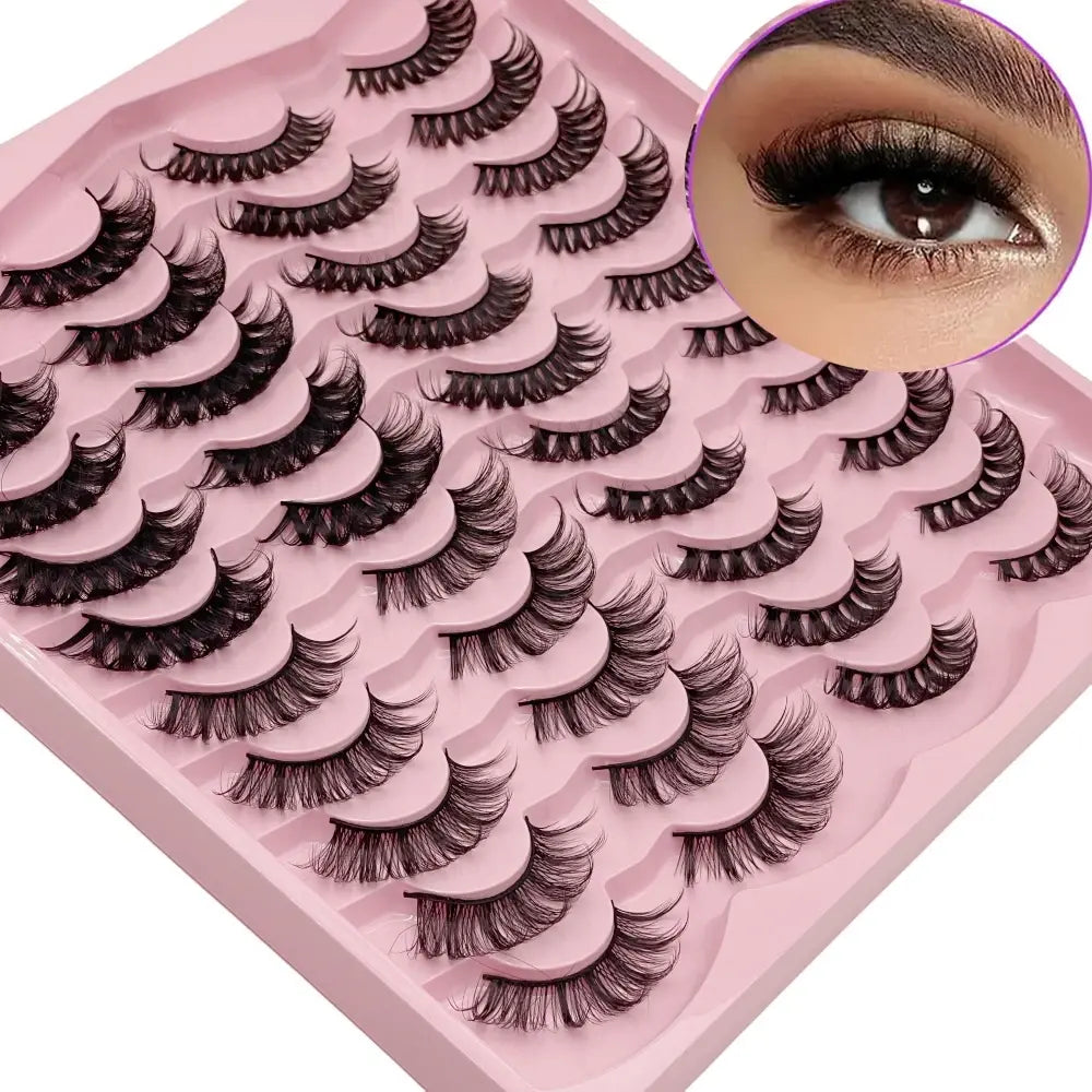 Set of false eyelashes on a pink tray with an inset showing an eye wearing the lashes.