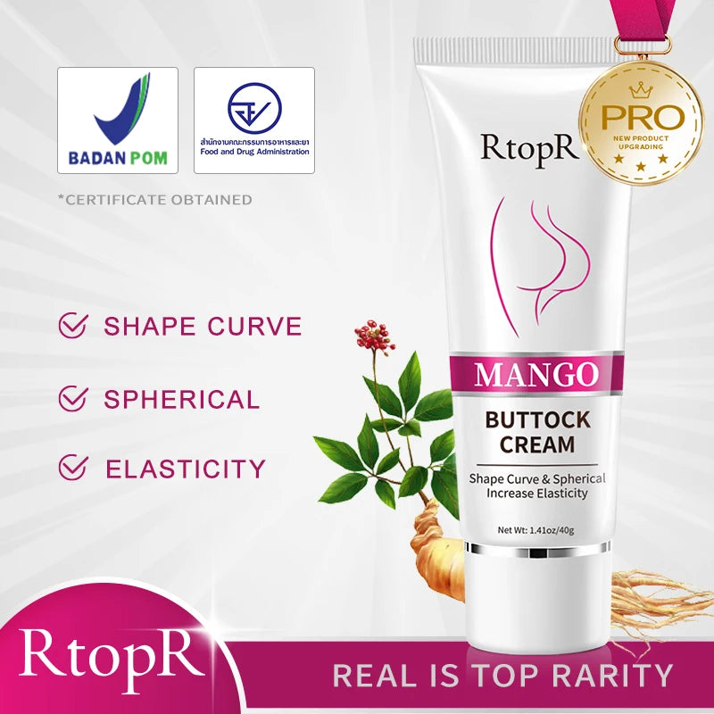 RtopR Mango Buttock Cream packaging with certification logos and product features on a white background