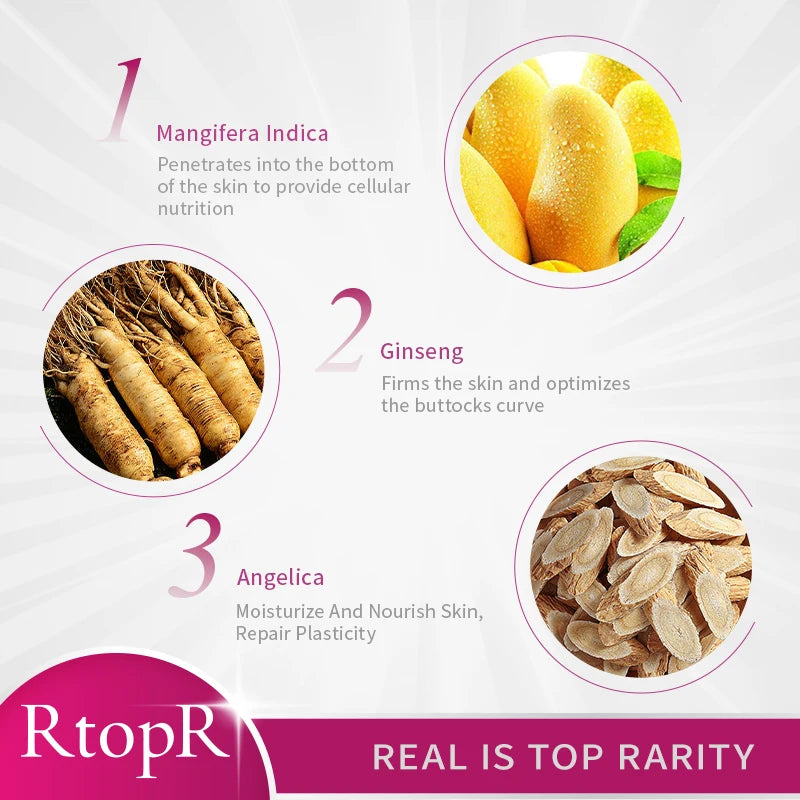 Product ingredients with images and text on a white background, featuring RtopR brand.