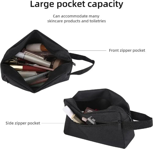 Black toiletry bag with front and side zipper pockets, containing skincare products.