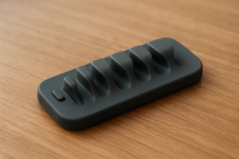 Black silicone ice cube tray on a wooden surface