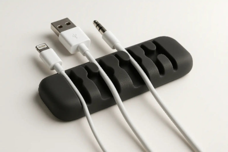 Black cable organizer with USB, audio, and charging cables on a white background