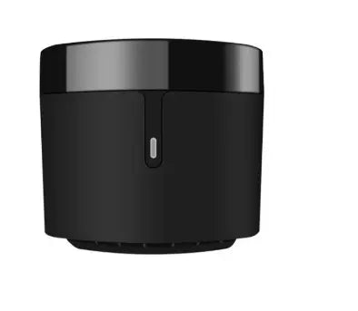 Black cylindrical device with a white button on a white background