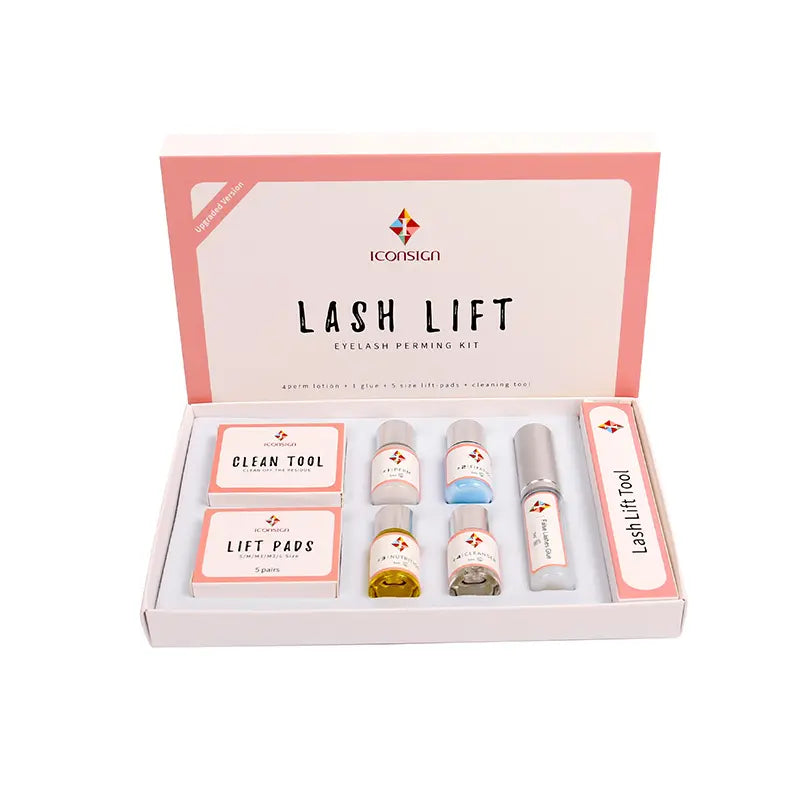 Lash lift kit with various items in a box on a white background