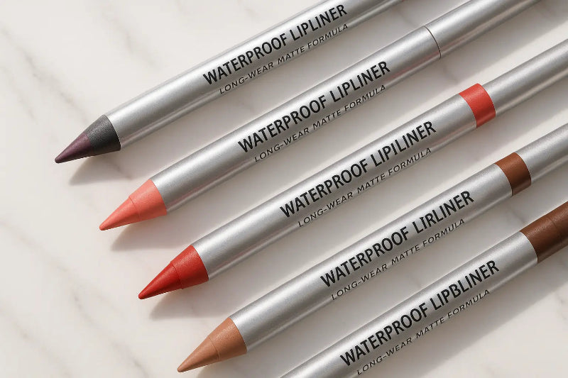 Set of waterproof lipliners with different colored tips on a light background