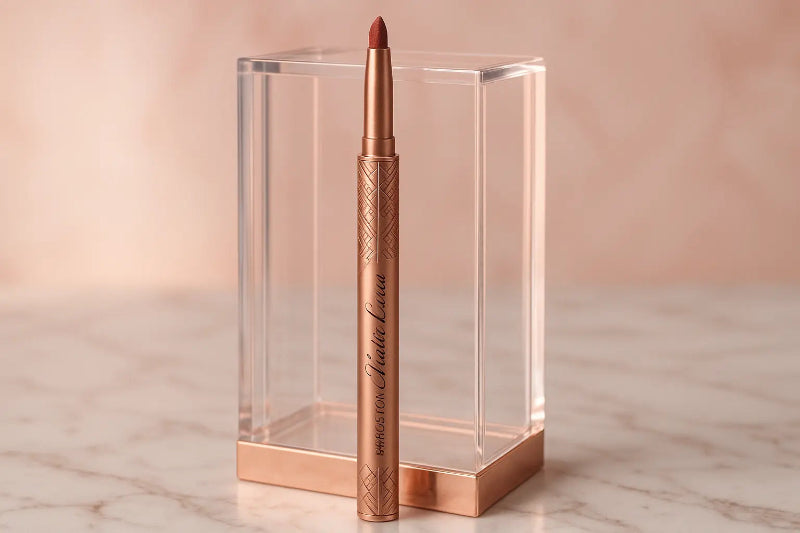Lip liner pencil in a clear holder on a marble surface with a pinkish-beige background