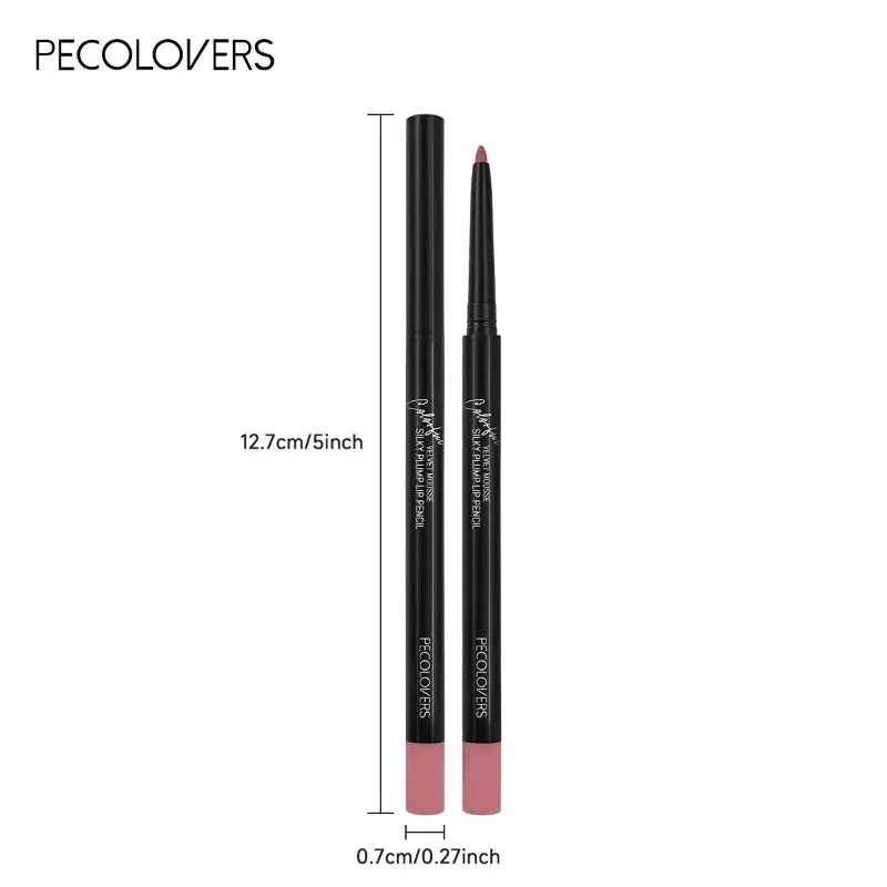 Two makeup pencils with measurements and 'Pecolovers' branding on a white background