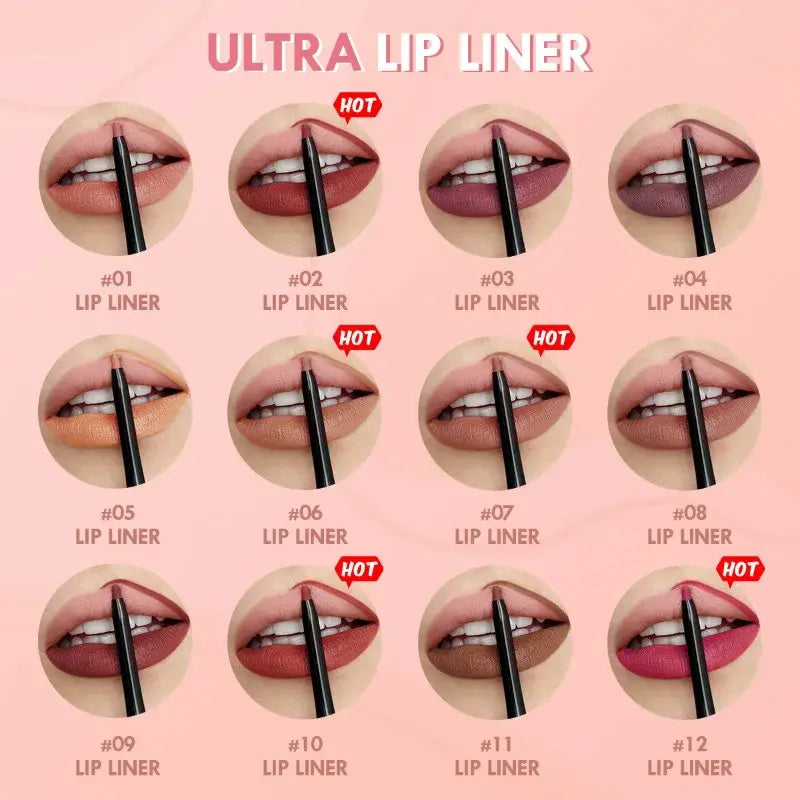 Ultra lip liner product display with various shades on lips against a pink background