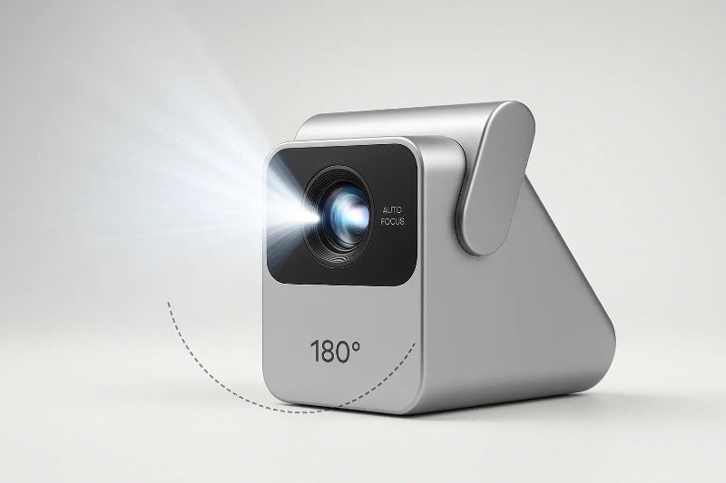 Small silver projector on a light gray background