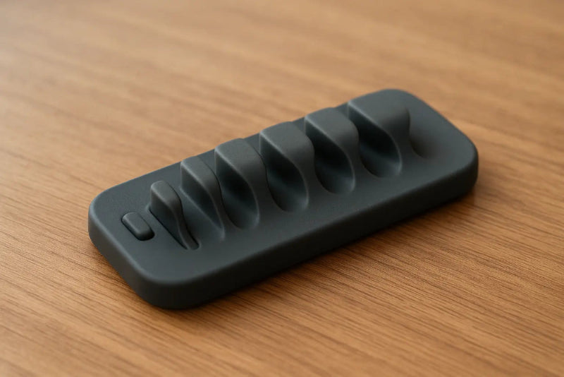 Black silicone ice cube tray on a wooden surface