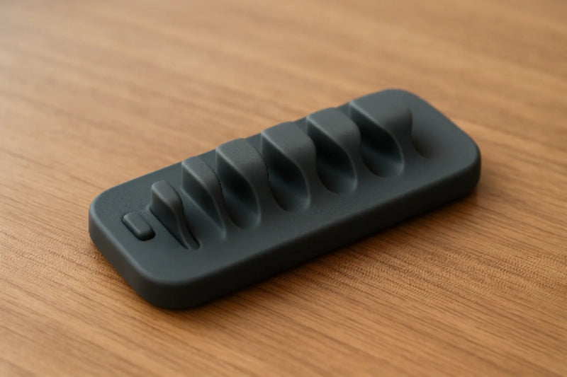 Black silicone ice cube tray on a wooden surface