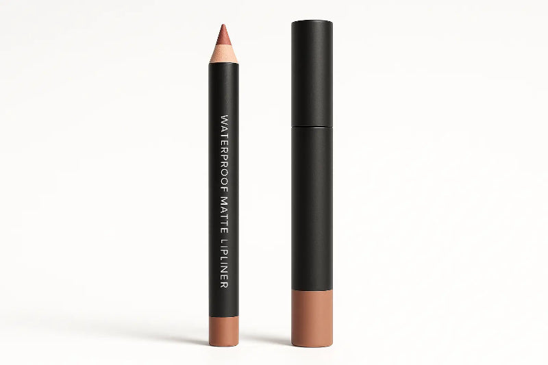 Two black cosmetic products with brown tips on a white background