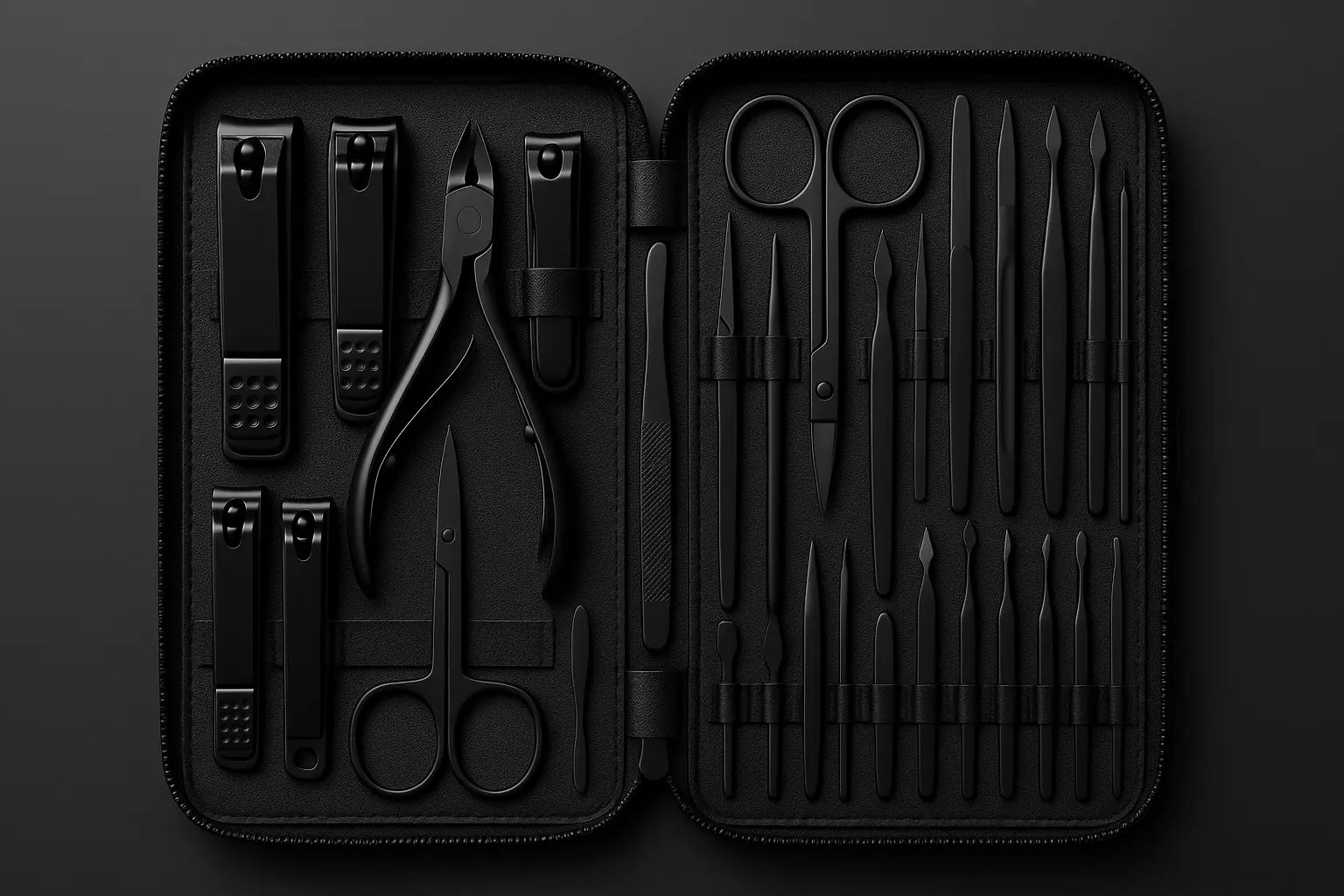 Black manicure set with various tools in an open case on a dark background