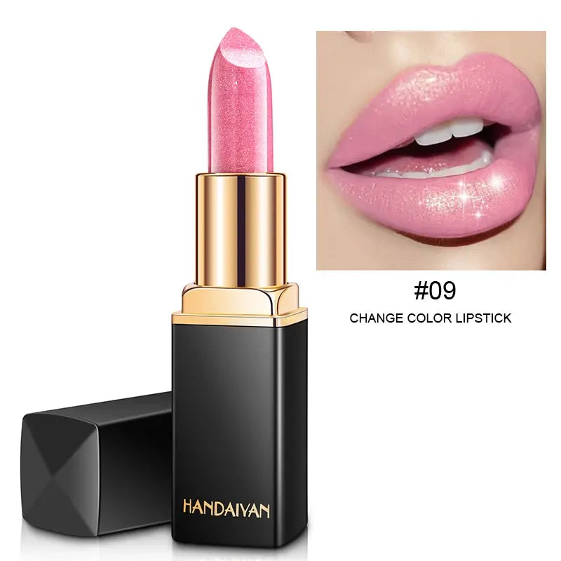 Lipstick with gold cap and black casing, featuring a close-up of lips wearing the pink lipstick.