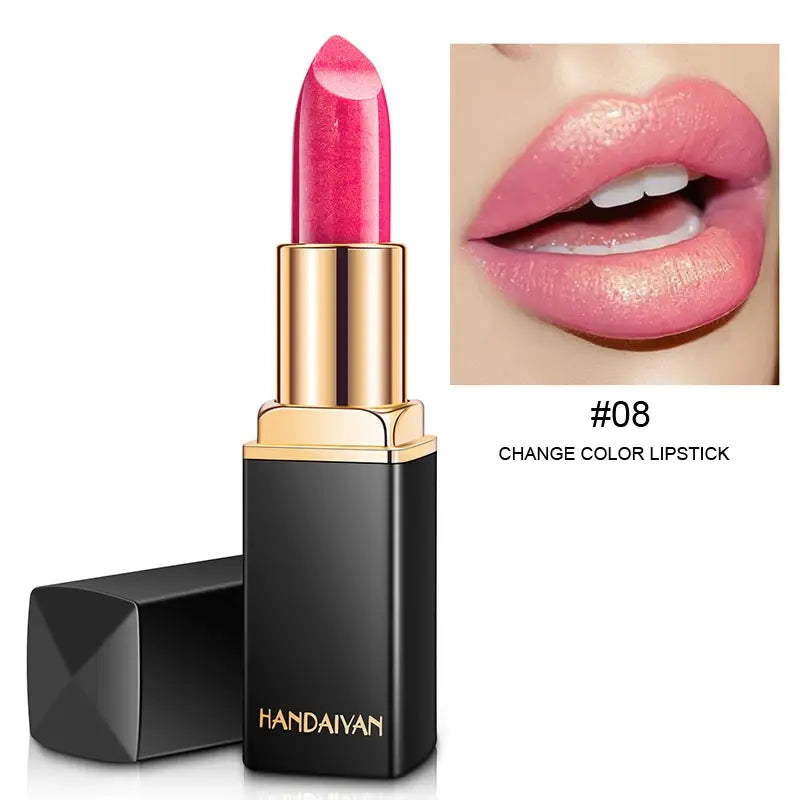 Pink lipstick with gold cap and black casing, featuring the brand 'HANDAIYAN'.