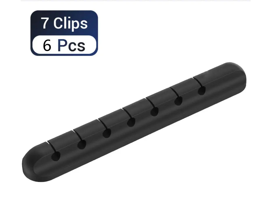 Black clip strip with 6 clips on a white background