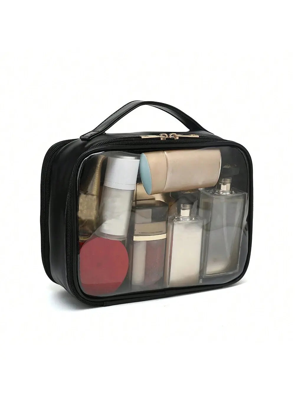 Black cosmetic bag with clear side panels containing various bottles on a white background