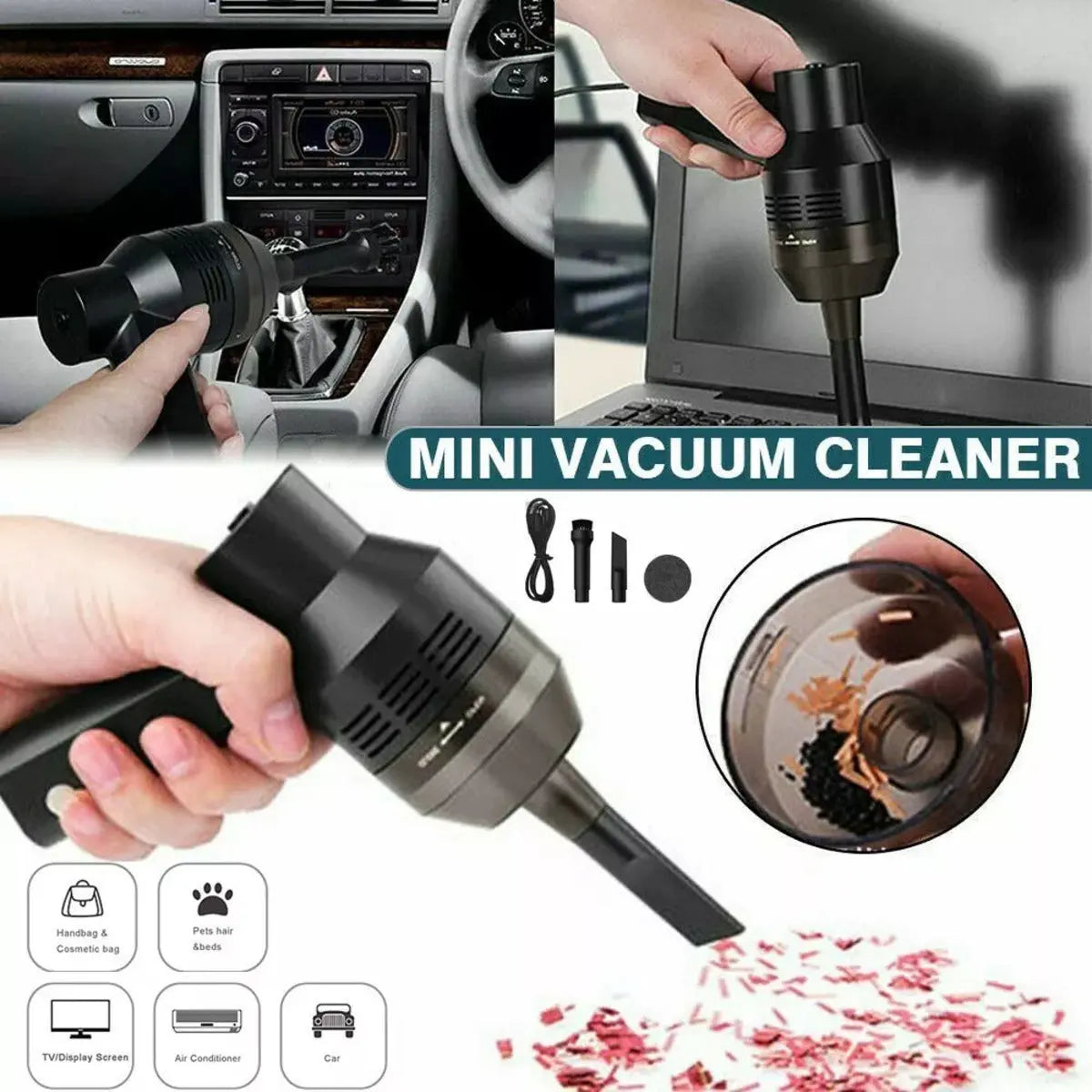 Mini vacuum cleaner being used on a car dashboard, laptop, and with debris collected.