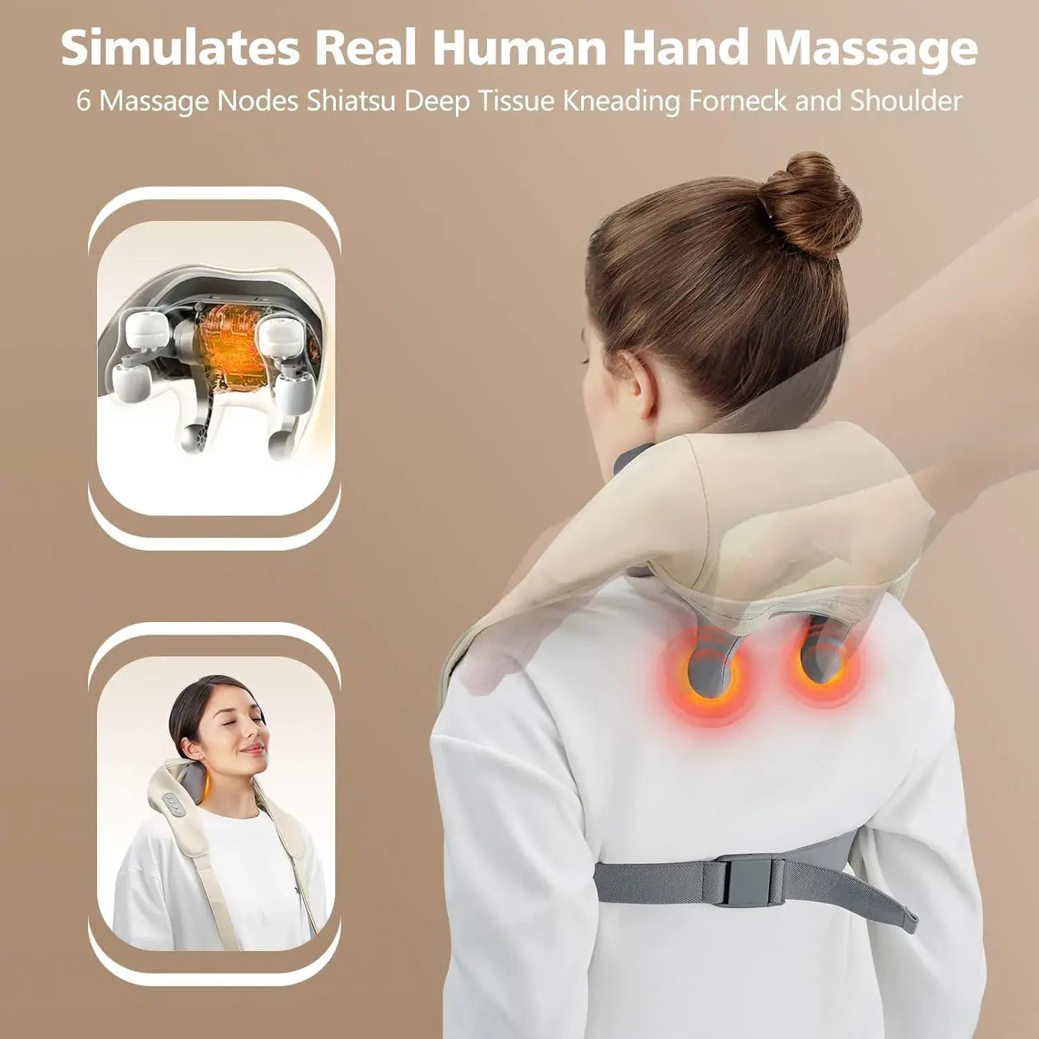 Person using a neck and shoulder massager with close-up details on a beige background