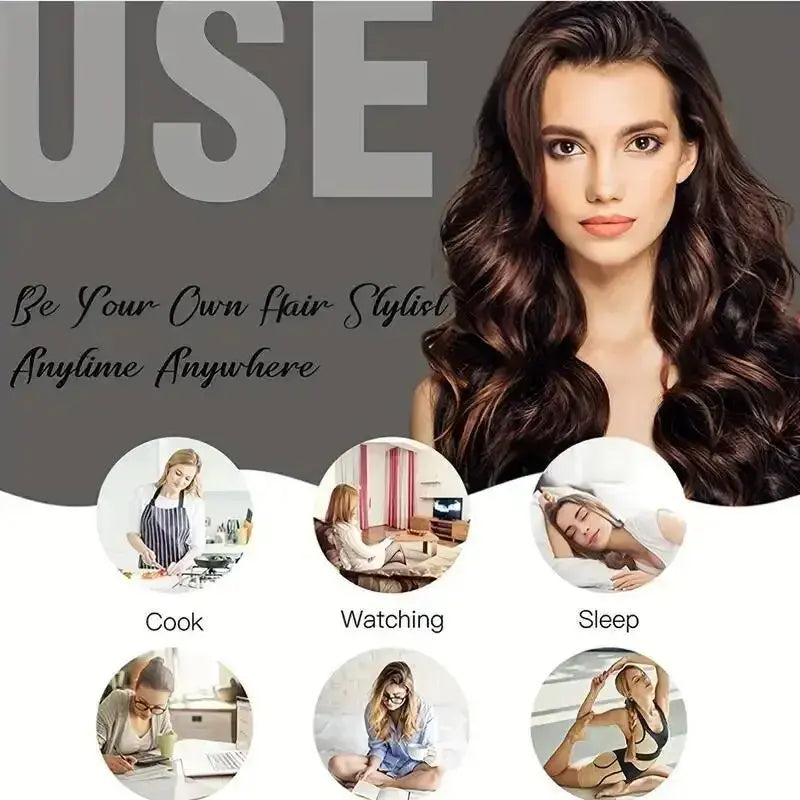 Woman with styled hair and lifestyle icons on a gray background
