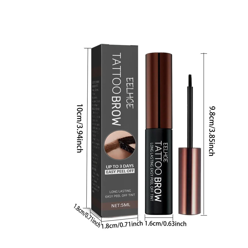 Eelice Tattoo Brow product with packaging and measurements on a white background