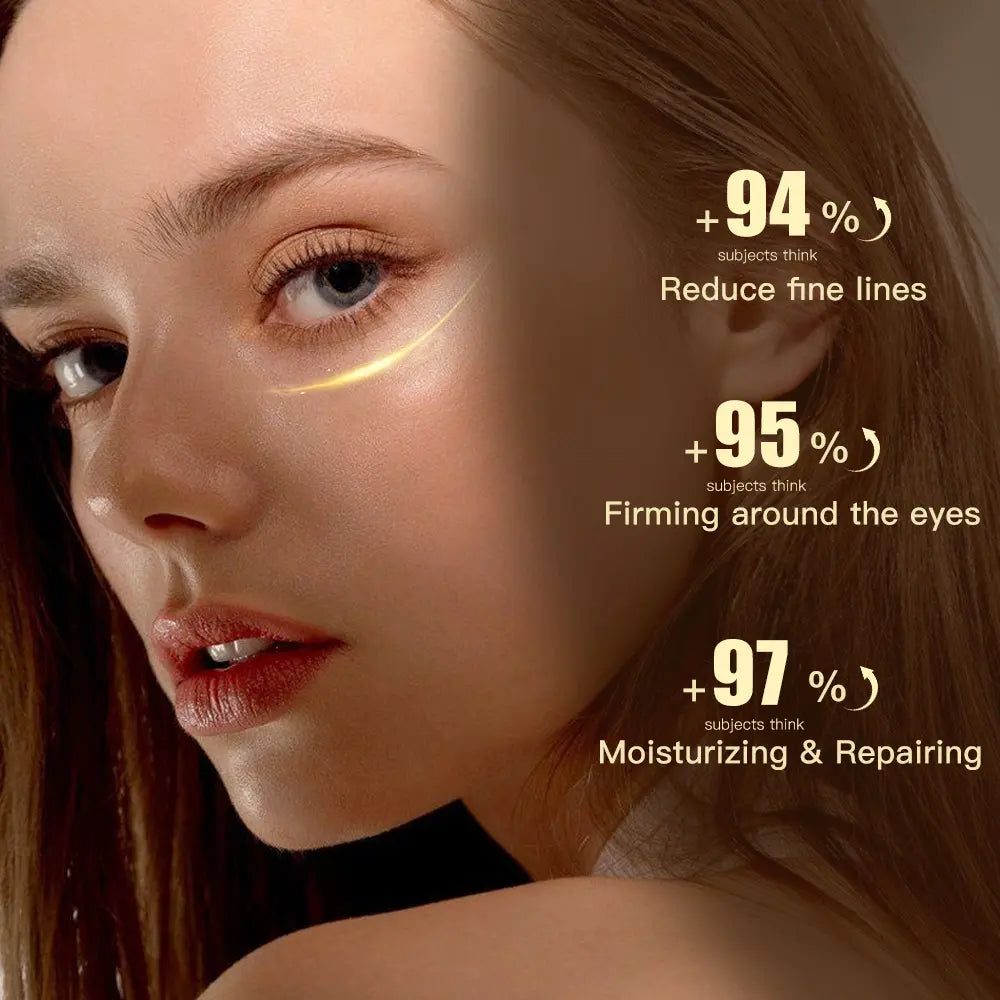 Woman's face with skincare product application, showing effectiveness statistics.
