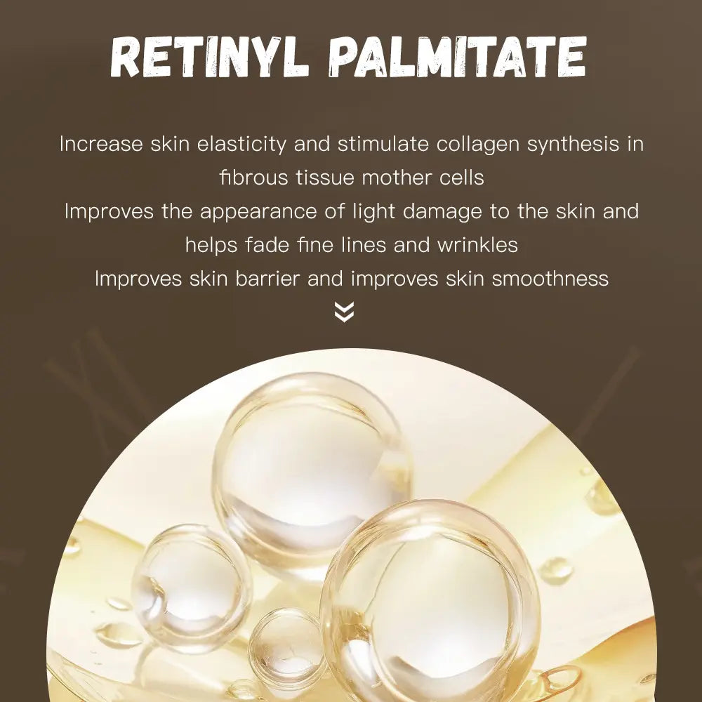 Retinyl Palmitate text and oil droplets on a brown background
