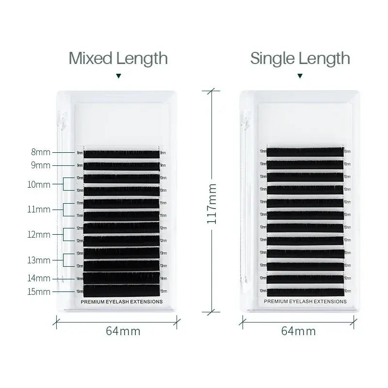Comparison of mixed length and single length eyelash extensions with measurements.