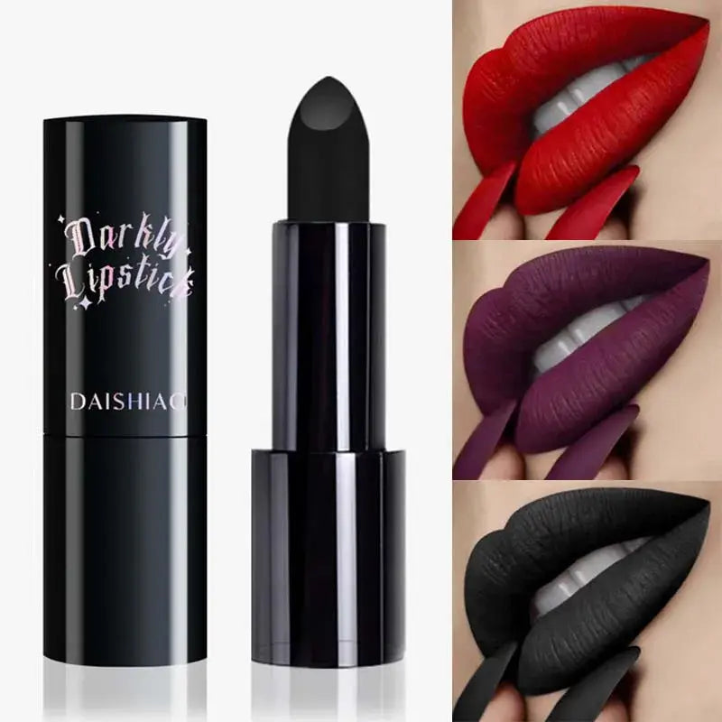 Black lipstick with packaging and close-up shots of lips wearing the lipstick.