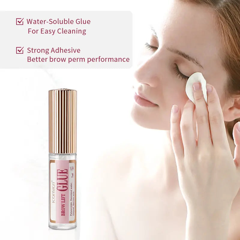 Bottle of Brow Lift Glue with a woman applying it to her face, text about glue properties.