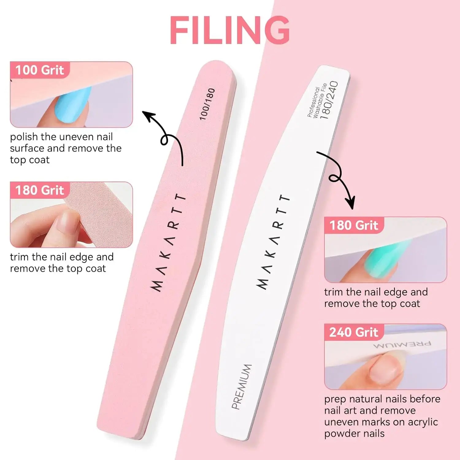 Two nail files with different grits on a pink background, labeled 'Filing' and featuring the brand 'MAKARTT'.