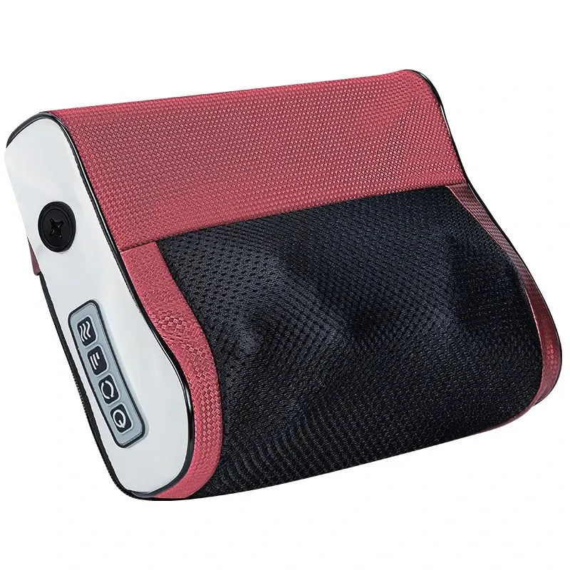 Red and black massage pillow with control panel on a white background