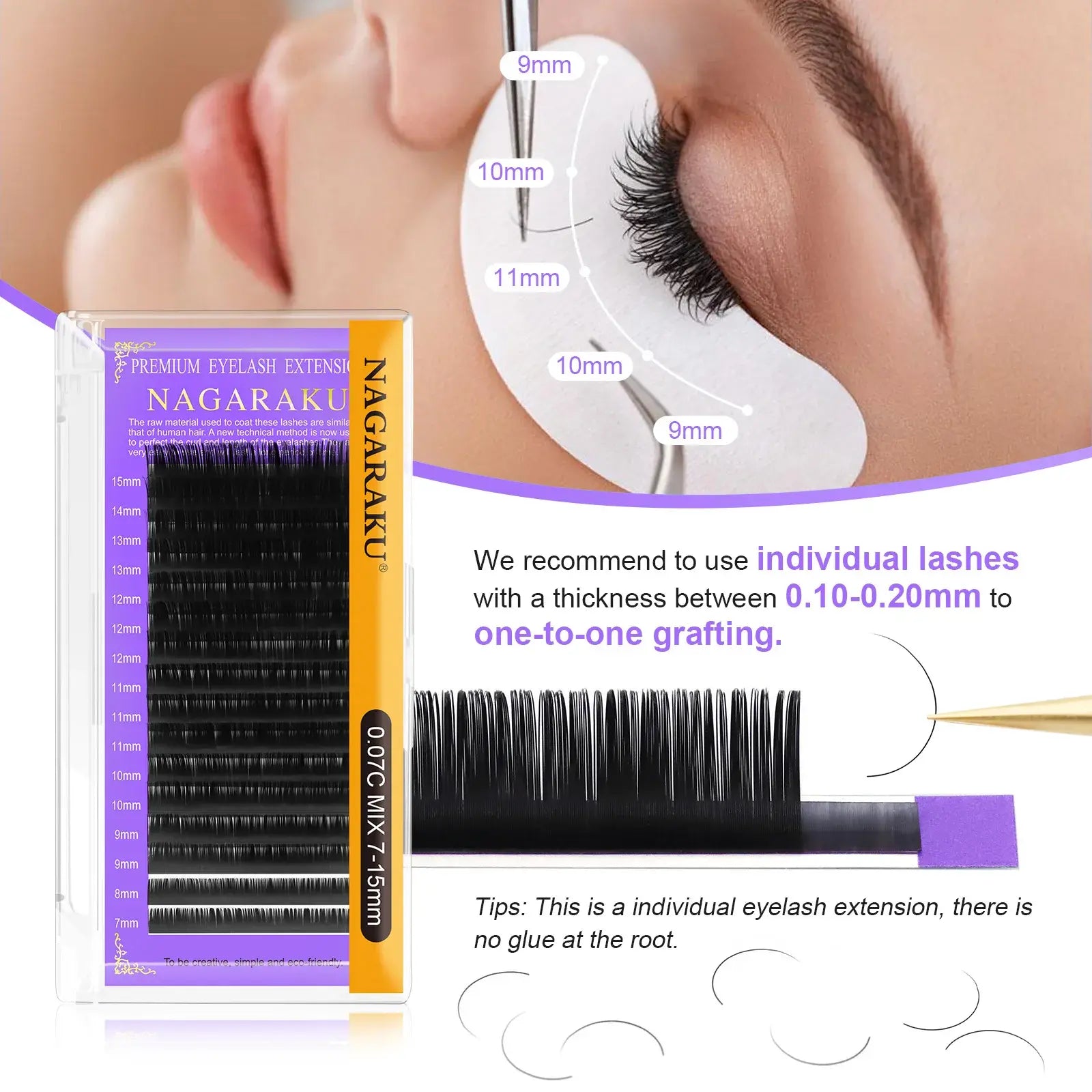 Eyelash extension kit with a close-up of an eye wearing false eyelashes, branded 'Nagaraku'.