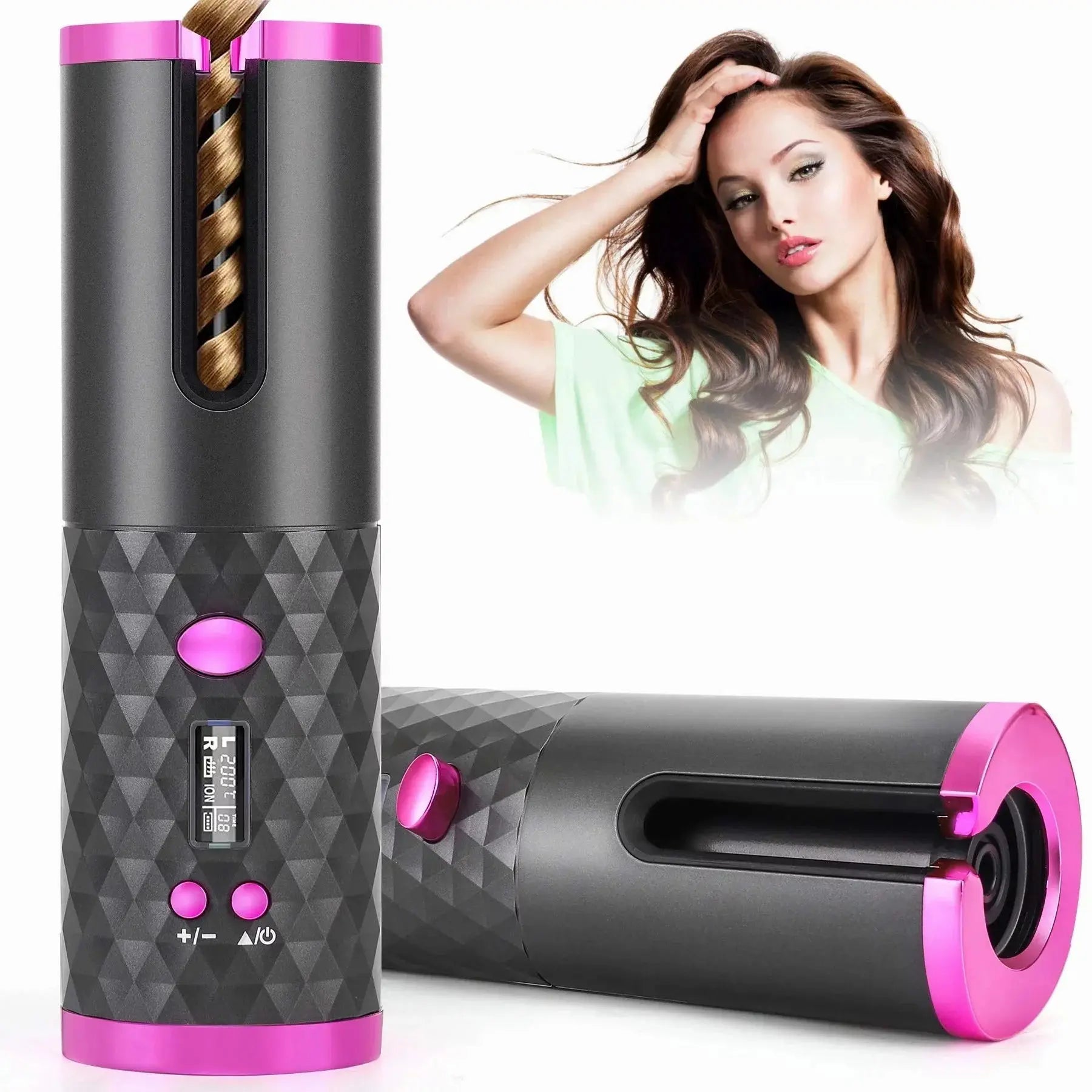 Hair straightening device with pink accents and a model with styled hair.