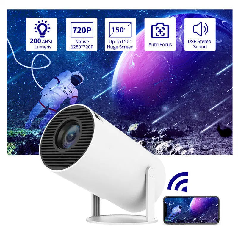 Mini home projector with 180° projection, auto focus & compact HD design