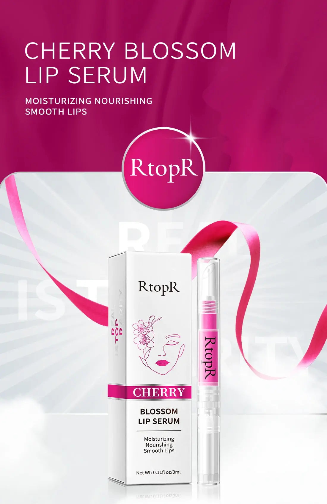 RtopR Cherry Blossom Lip Serum packaging on a white and pink background