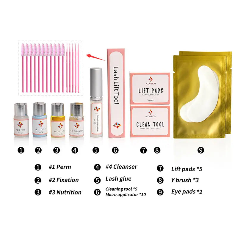 Set of lash care products including lift pads, eye pads, and cleaning tools on a white background.