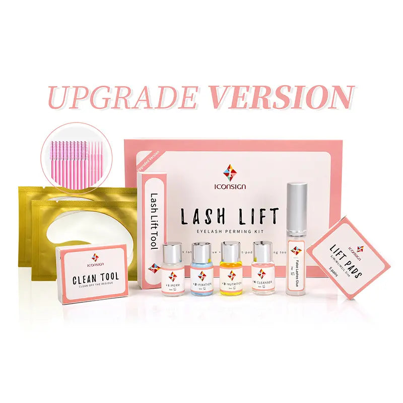Lash lift kit with various components on a white background, featuring the brand 'iconsign'.