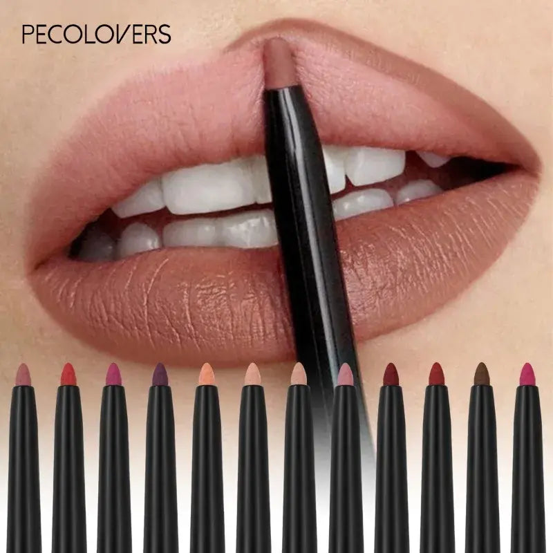 Lipstick applicator with a close-up of lips and a row of lip pencils below.